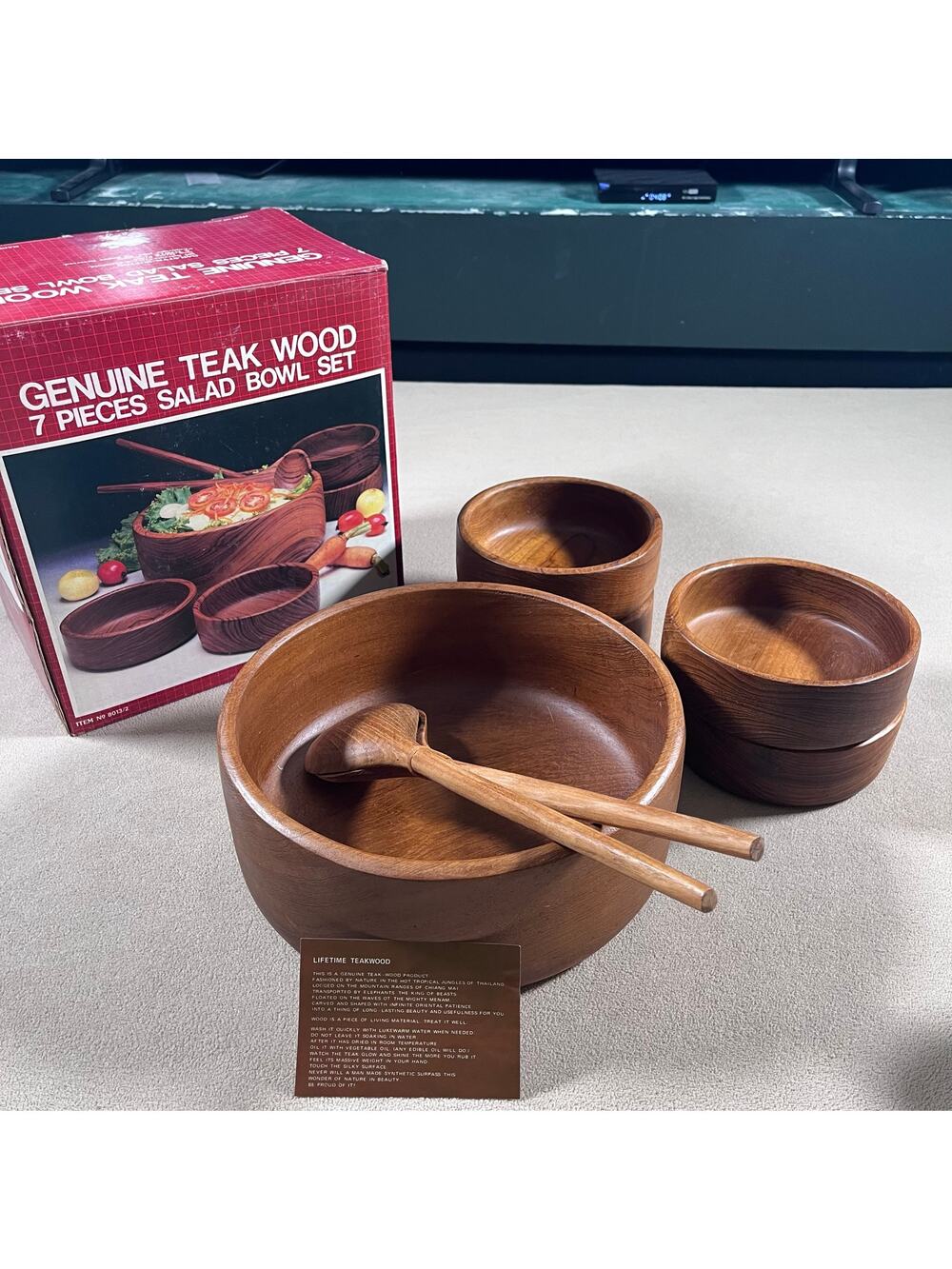 Vintage Genuine Teak Wood Salad Bowl 7 Piece Set Mid Century Tableware In Box!